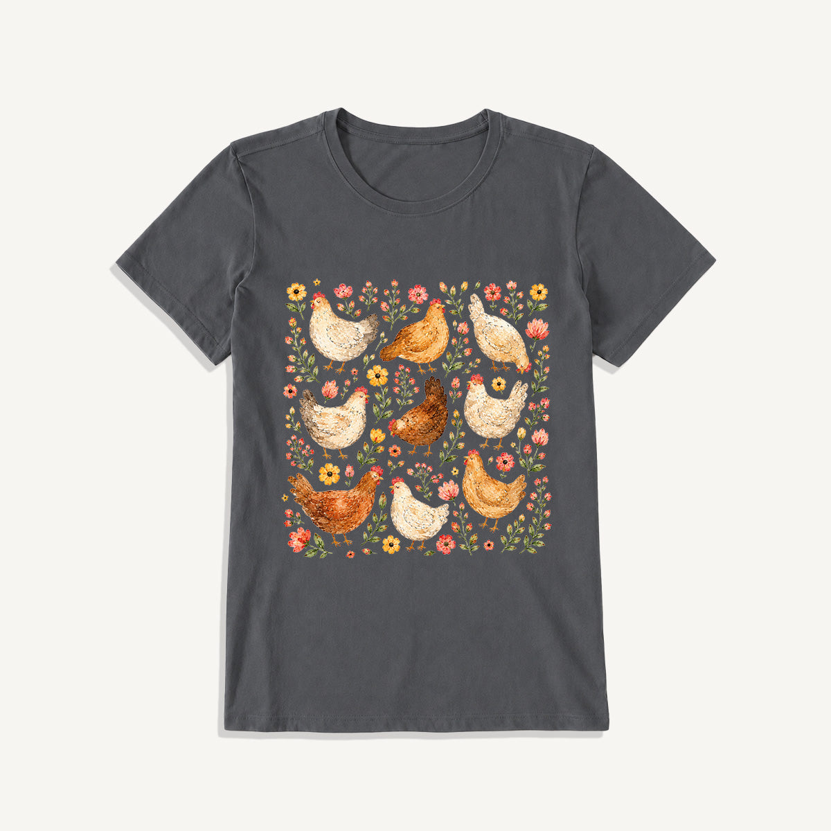 Country Chicken Wildflower Garden Print Crew Neck Cotton Tee