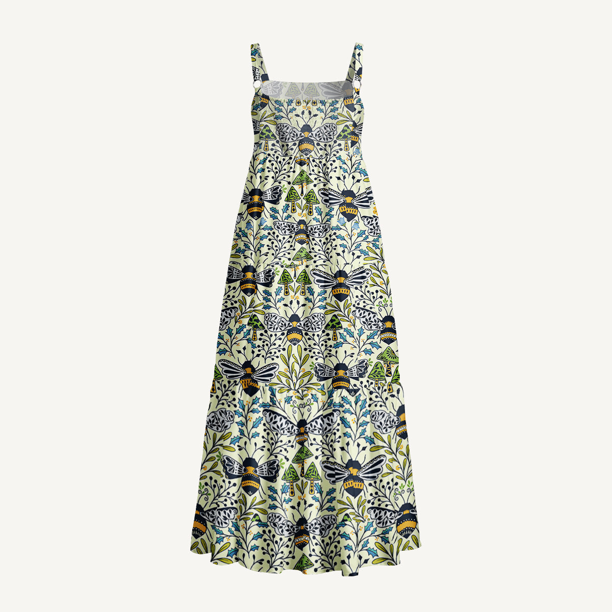 Botanical Bee Garden Print Wide Straps Maxi Dress With Pockets