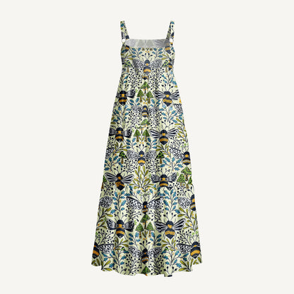 Botanical Bee Garden Print Wide Straps Maxi Dress With Pockets