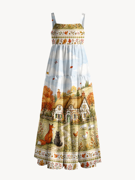 Autumn Cottage Farm Print Wide Straps Maxi Dress With Pockets