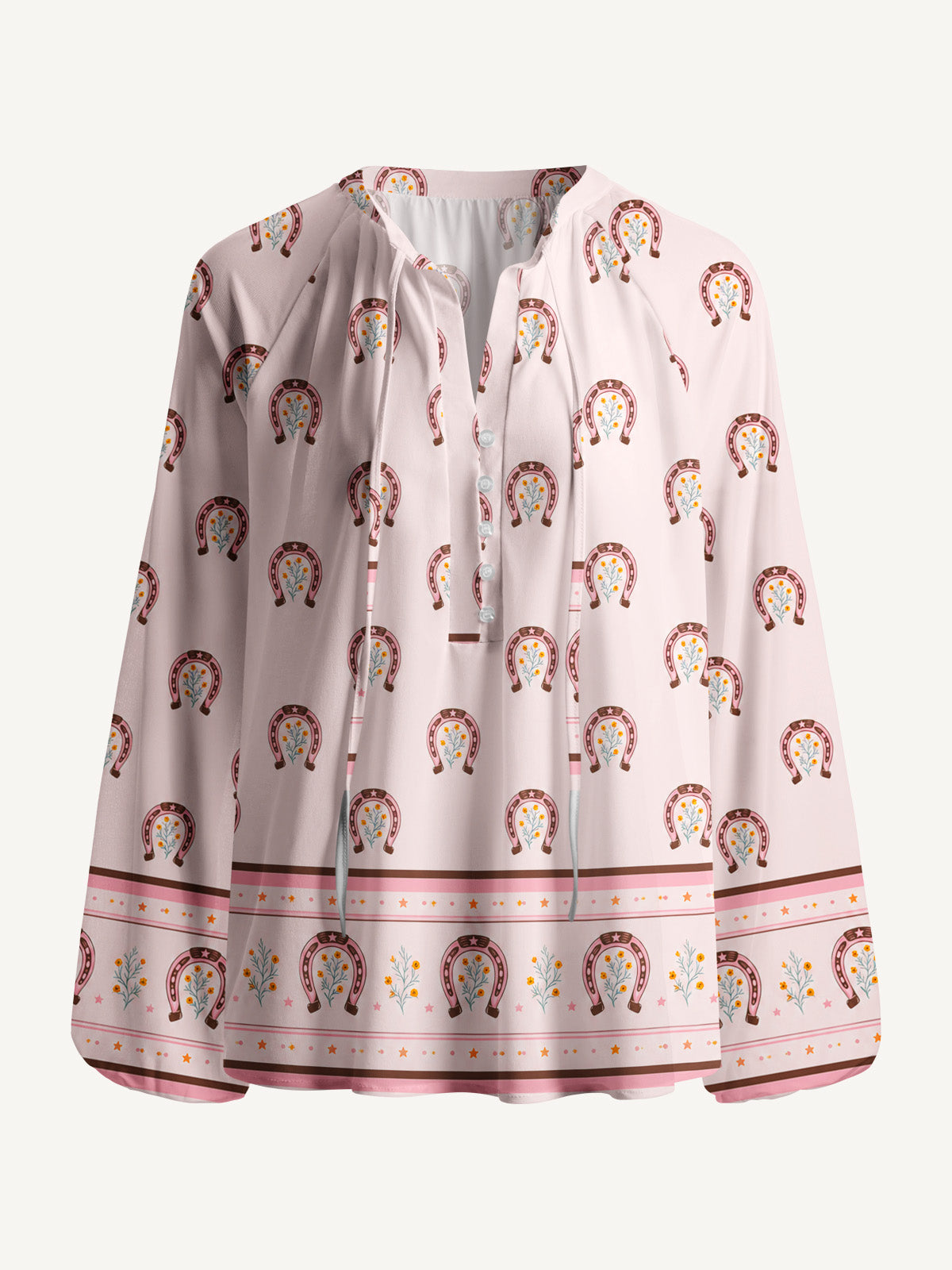 Blush Lucky Horseshoe Print Boho Long Sleeve Tie‑Neck Blouse