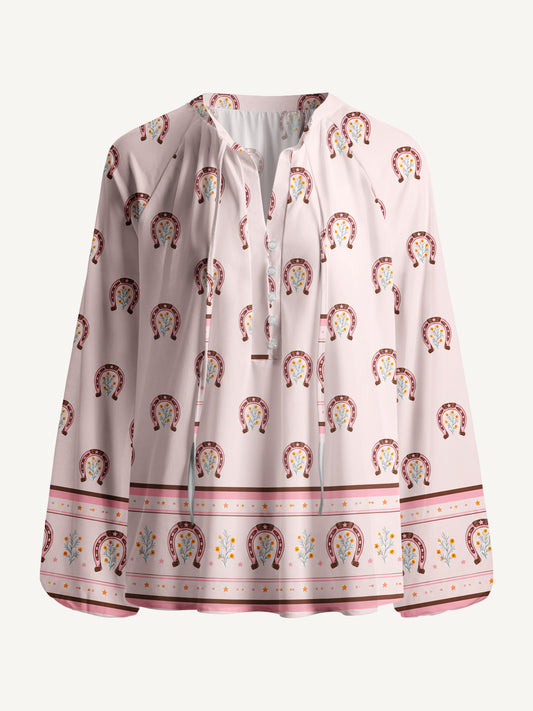 Blush Lucky Horseshoe Print Boho Long Sleeve Tie‑Neck Blouse