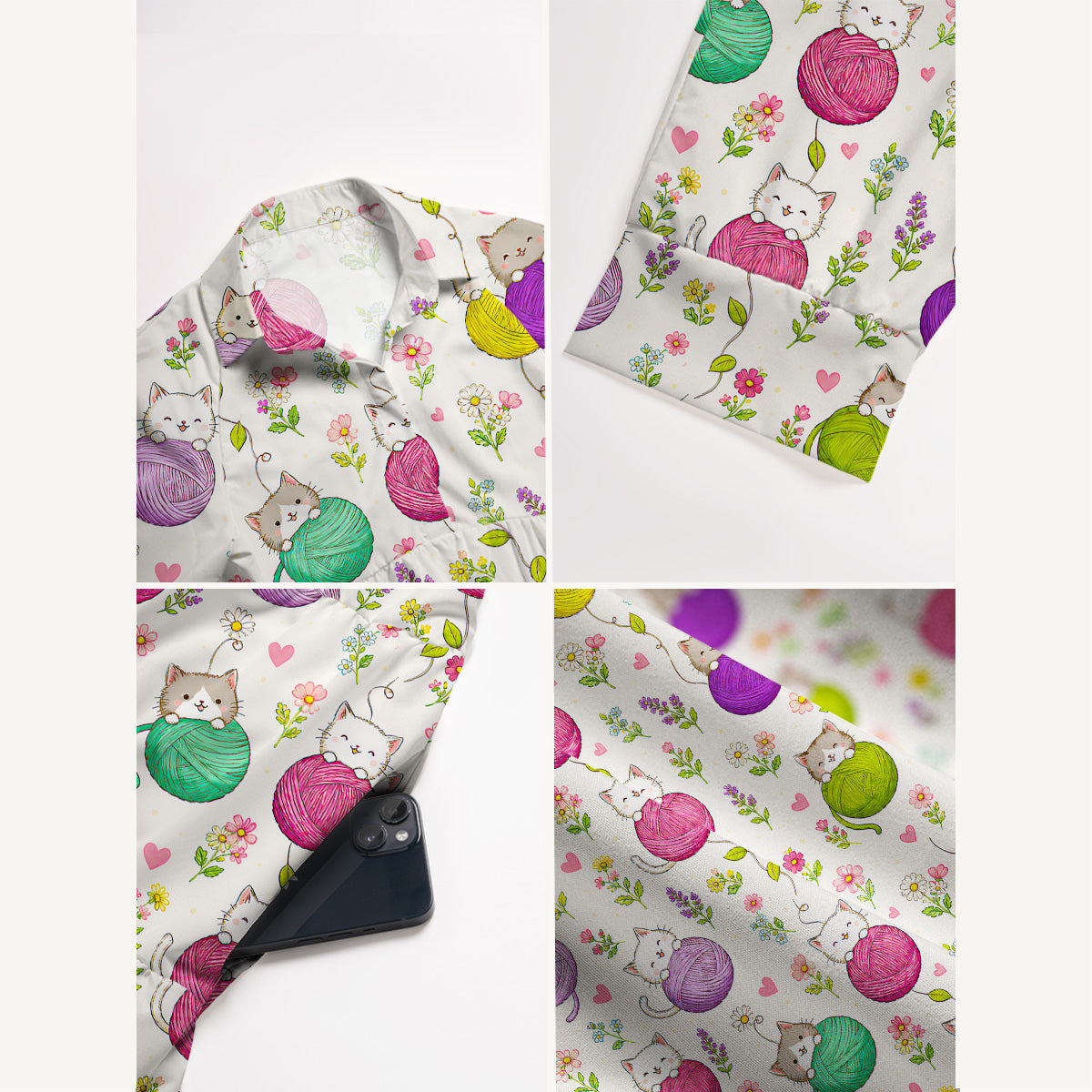V Neck Collared Cat Yarn Ball Print Casual Midi Dress With Pockets