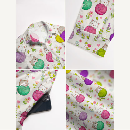 V Neck Collared Cat Yarn Ball Print Casual Midi Dress With Pockets