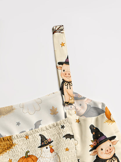 Halloween Farm Friends Print Wide Straps Maxi Dress With Pockets