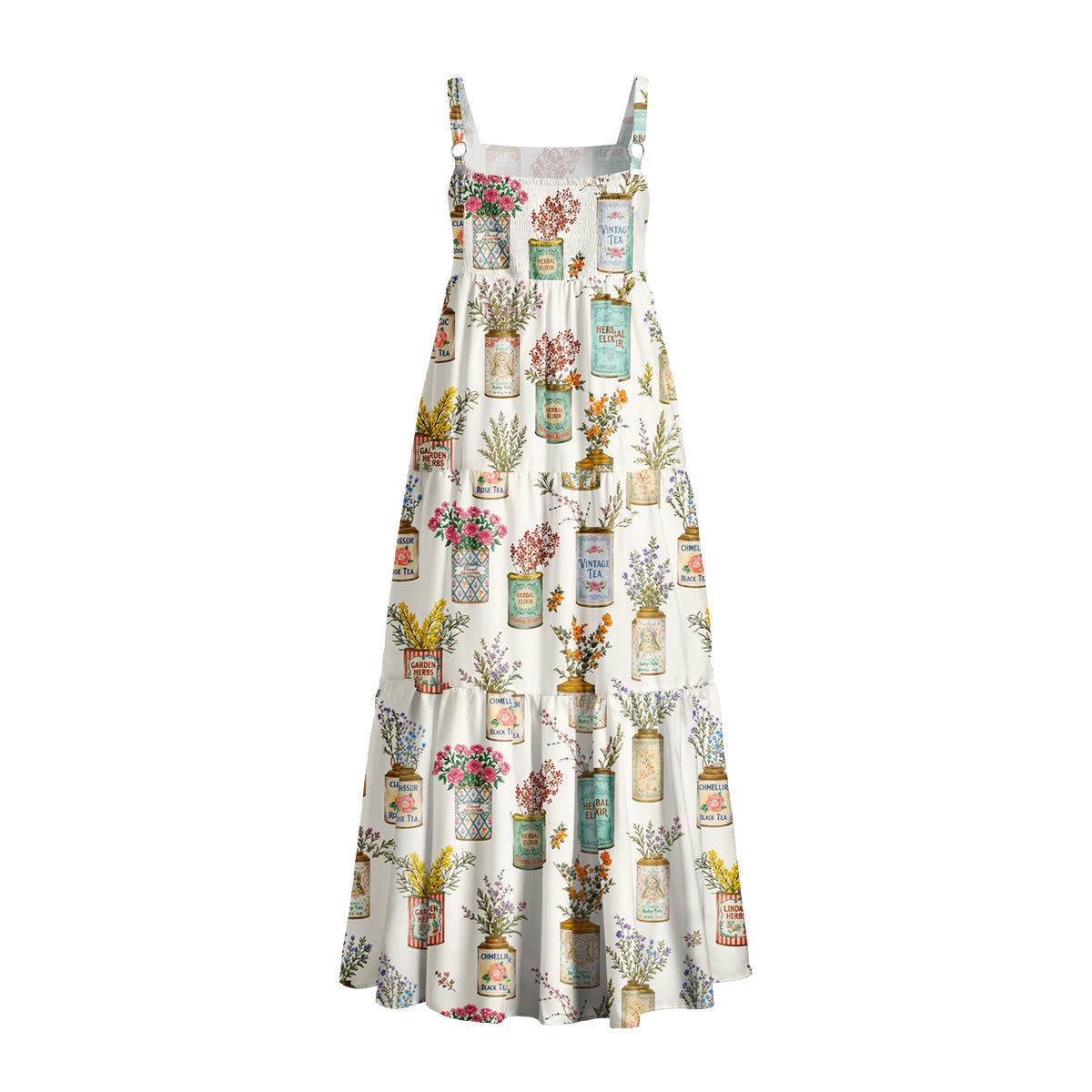 Vintage Tea Cans Print Wide Straps Maxi Dress With Pockets