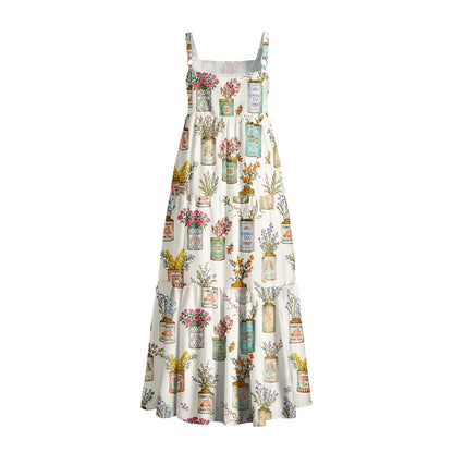 Vintage Tea Cans Print Wide Straps Maxi Dress With Pockets