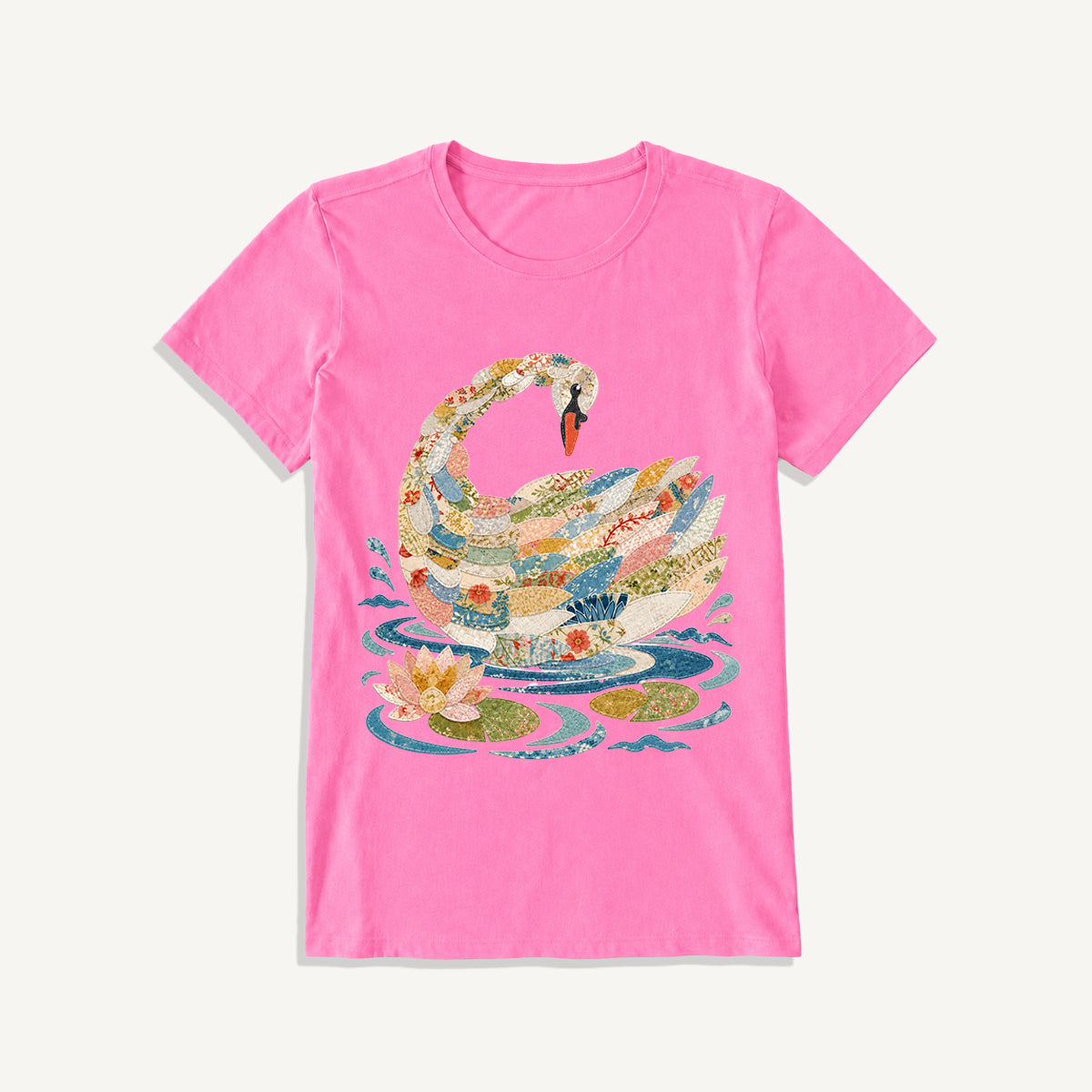 Patchwork Swan Garden Print Crew Neck Cotton Tee