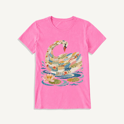 Patchwork Swan Garden Print Crew Neck Cotton Tee