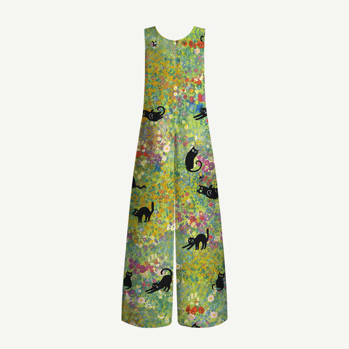 Wildflower Garden Black Cat Print Boho Jumpsuit with Pockets for Women