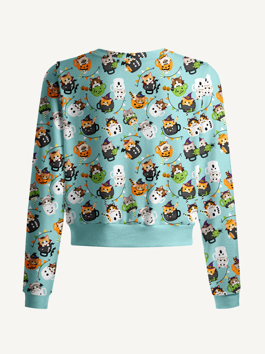 Lightweight Crew Neck Long‑Sleeve Cropped Mint Pumpkin Kitty Halloween Fun Print Fine‑Knit Cardigan