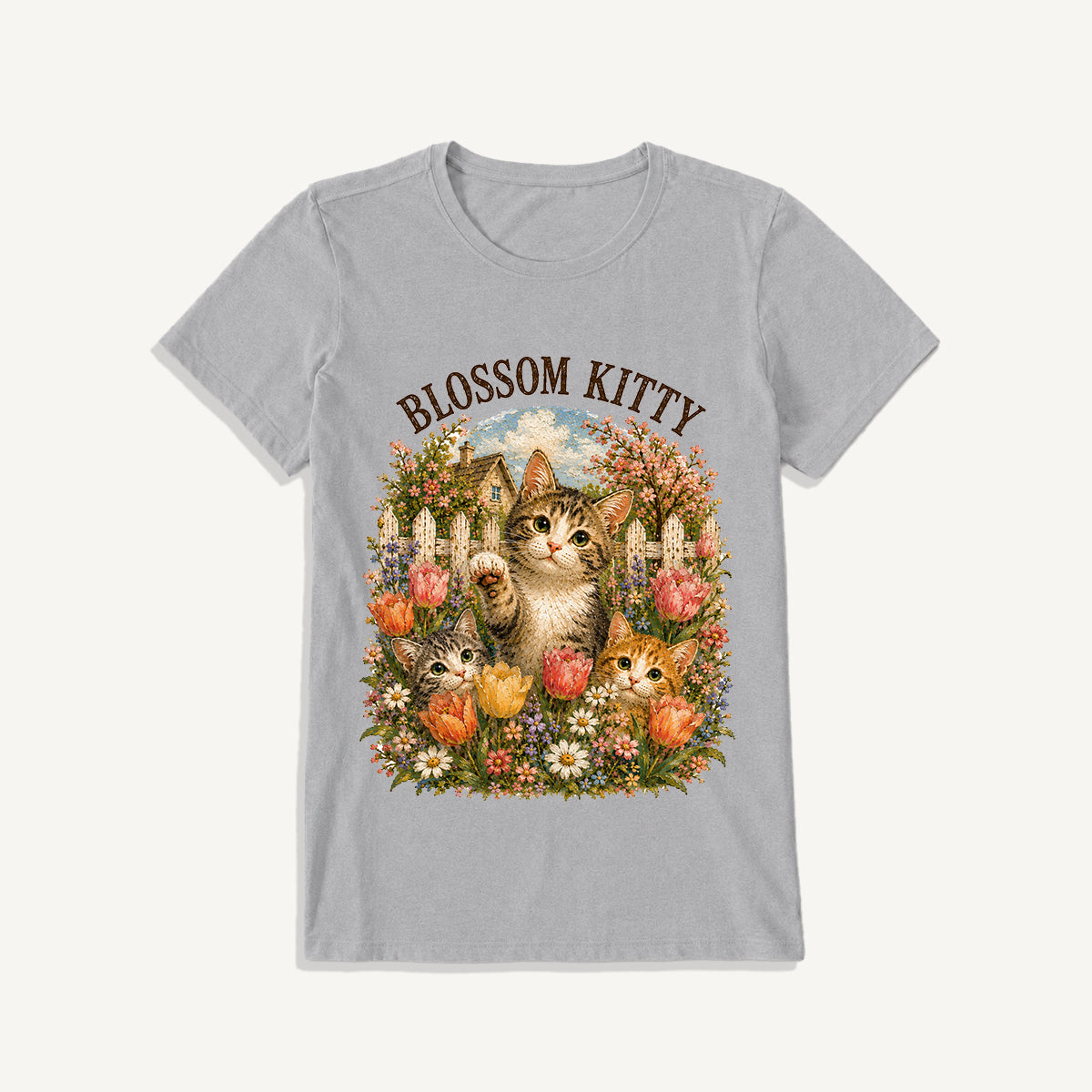 Blossom Kitty Cottage Print Crew Neck Cotton Tee
