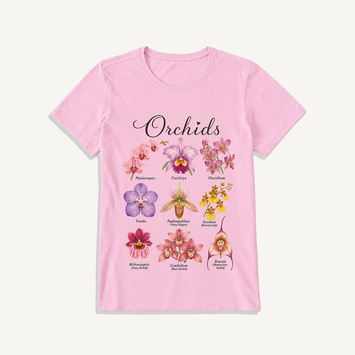 Vintage Orchid Botanical Illustration Print Crew Neck Cotton Tee