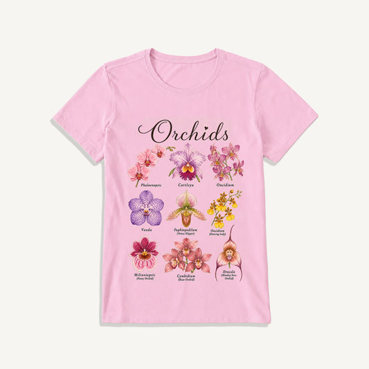 Vintage Orchid Botanical Illustration Print Crew Neck Cotton Tee