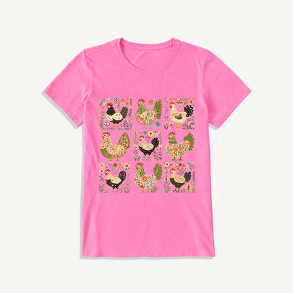 Folk Hen Grid Print Crew Neck Cotton Tee