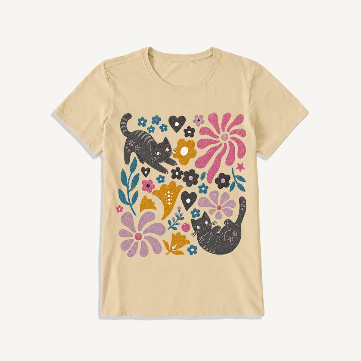 Floral Kitty Days Print Crew Neck Cotton Tee
