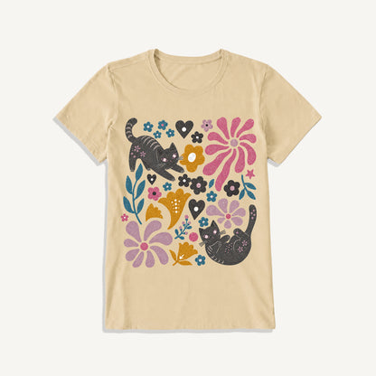 Floral Kitty Days Print Crew Neck Cotton Tee