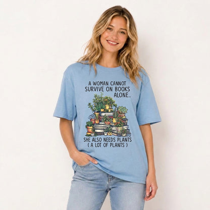 Books and Potted Plants Print Crew Neck Cotton Tee