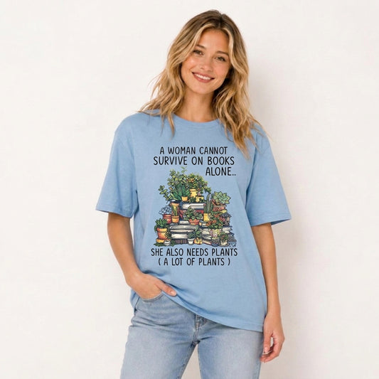 Books and Potted Plants Print Crew Neck Cotton Tee