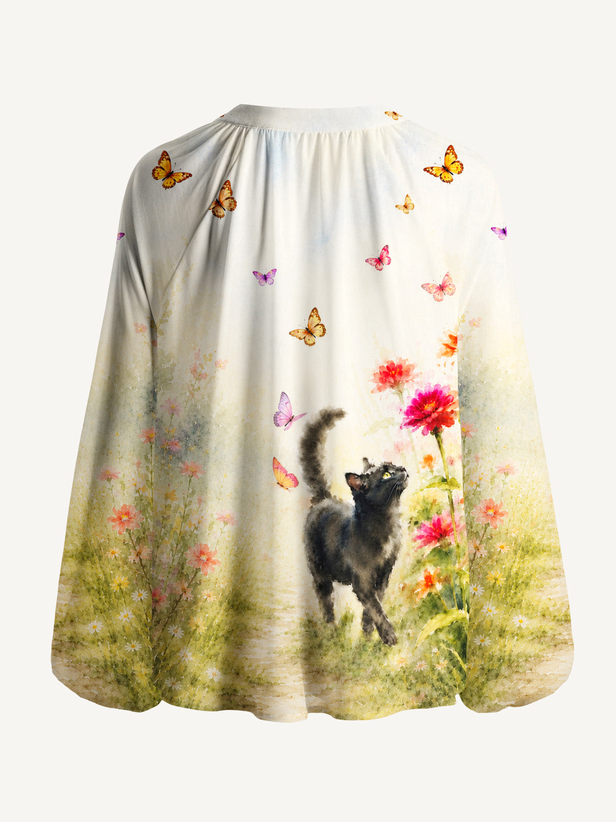 Black Cat in Blooming Garden Watercolor Print Boho Long Sleeve Tie‑Neck Blouse