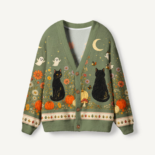 Twilight Pumpkin Garden Black Cat Print Halloween Ugly Cardigan Sweaters
