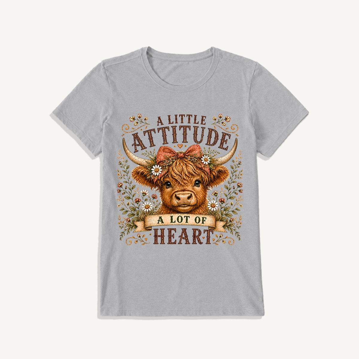 Little Attitude Highland Cow Print Crew Neck Cotton Tee