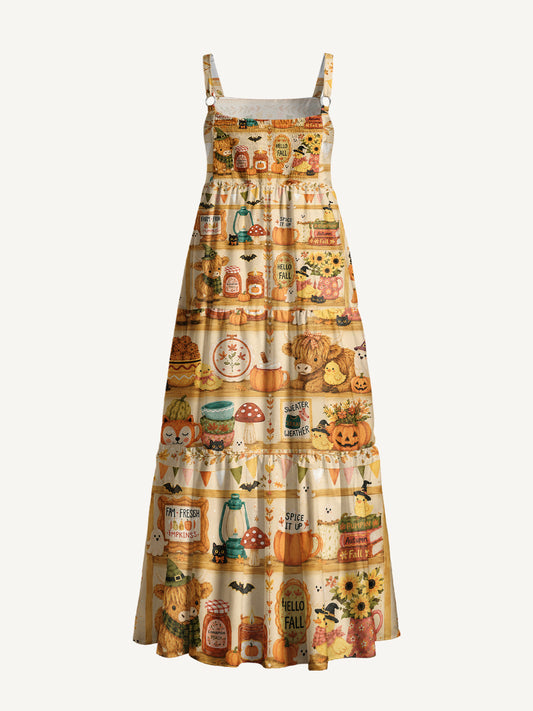 Cozy Autumn Shelves Print Wide Straps Maxi Dress With Pockets