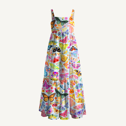Colorful Butterfly Garden Print Wide Straps Maxi Dress With Pockets