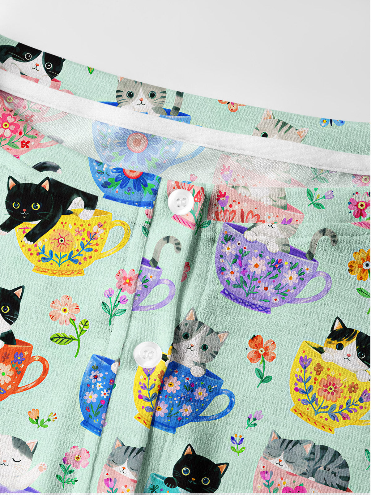 Lightweight Crew Neck Long‑Sleeve Cropped Cute Teacup Kitten Print Fine‑Knit Cardigan