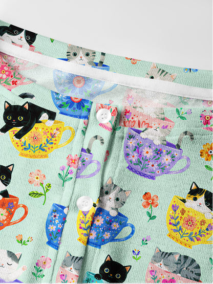 Lightweight Crew Neck Long‑Sleeve Cropped Cute Teacup Kitten Print Fine‑Knit Cardigan