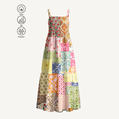 Colorful Bohemian Patchwork Print Cotton Wide Straps Maxi Dress With Pockets