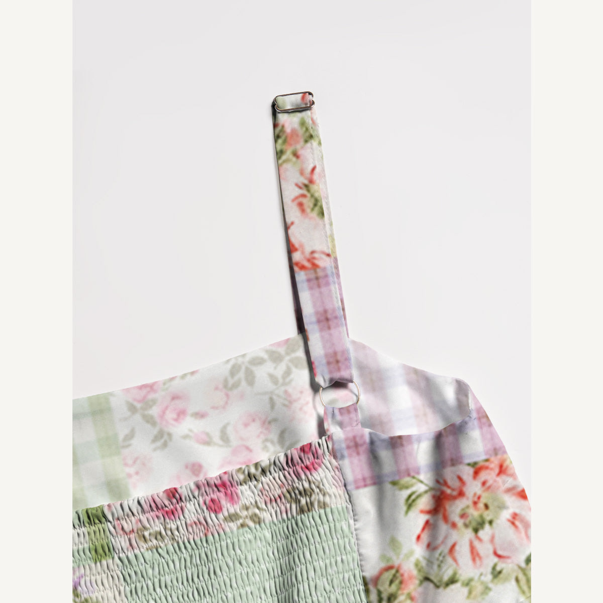 Creamy Garden Patchwork Printed Wide Straps Maxi Dress With Pockets