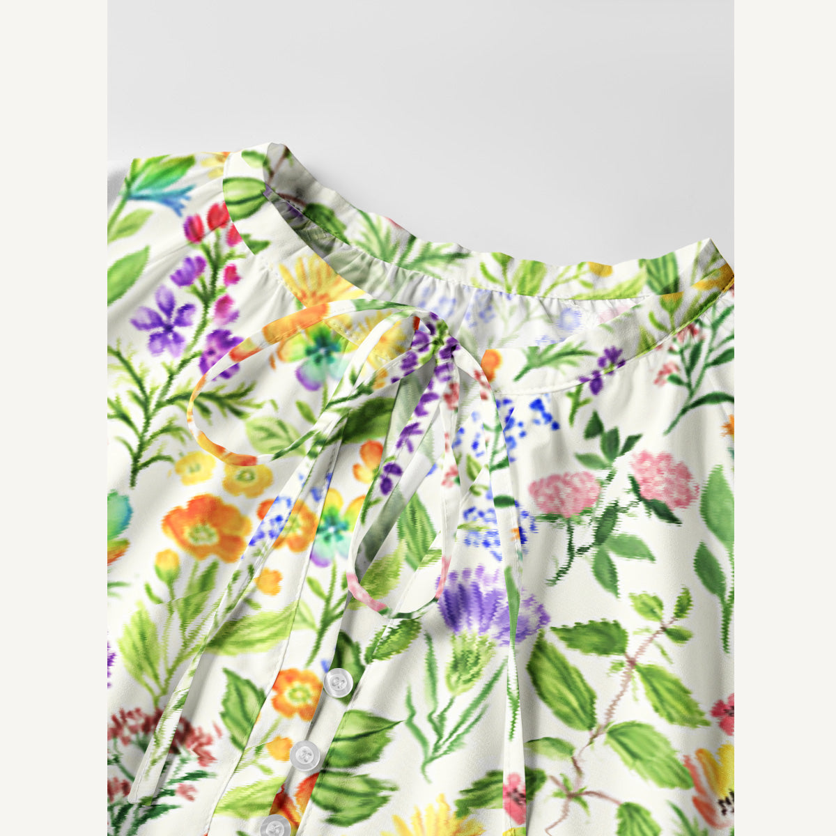 Colorful Wildflower Meadow Print Boho Long Sleeve Tie‑Neck Smock Mini Dress