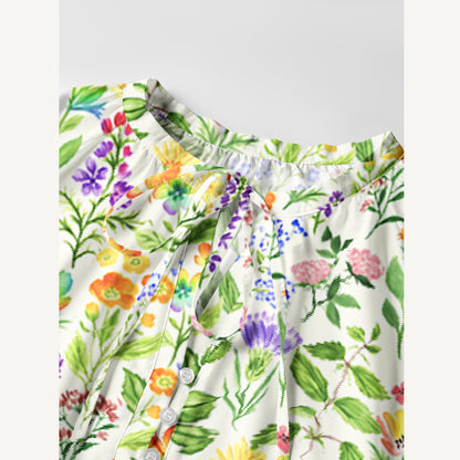 Colorful Wildflower Meadow Print Boho Long Sleeve Tie‑Neck Smock Mini Dress