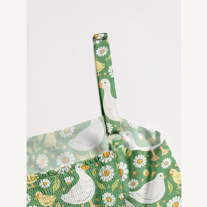 Cottage Farm Ducks Print Wide Straps Maxi Dress With Pockets