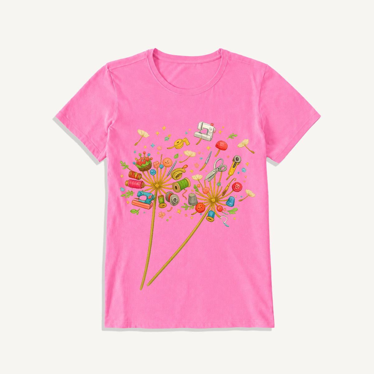 Sewing Tool Dandelion Art Print Crew Neck Cotton Tee