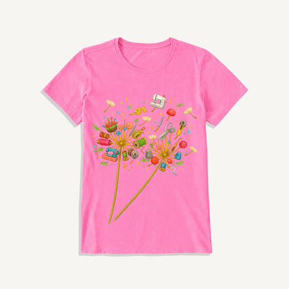 Sewing Tool Dandelion Art Print Crew Neck Cotton Tee