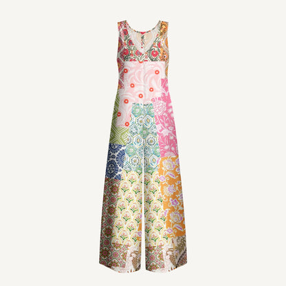 Colorful Bohemian Patchwork Print Boho Jumpsuit with Pockets for Women