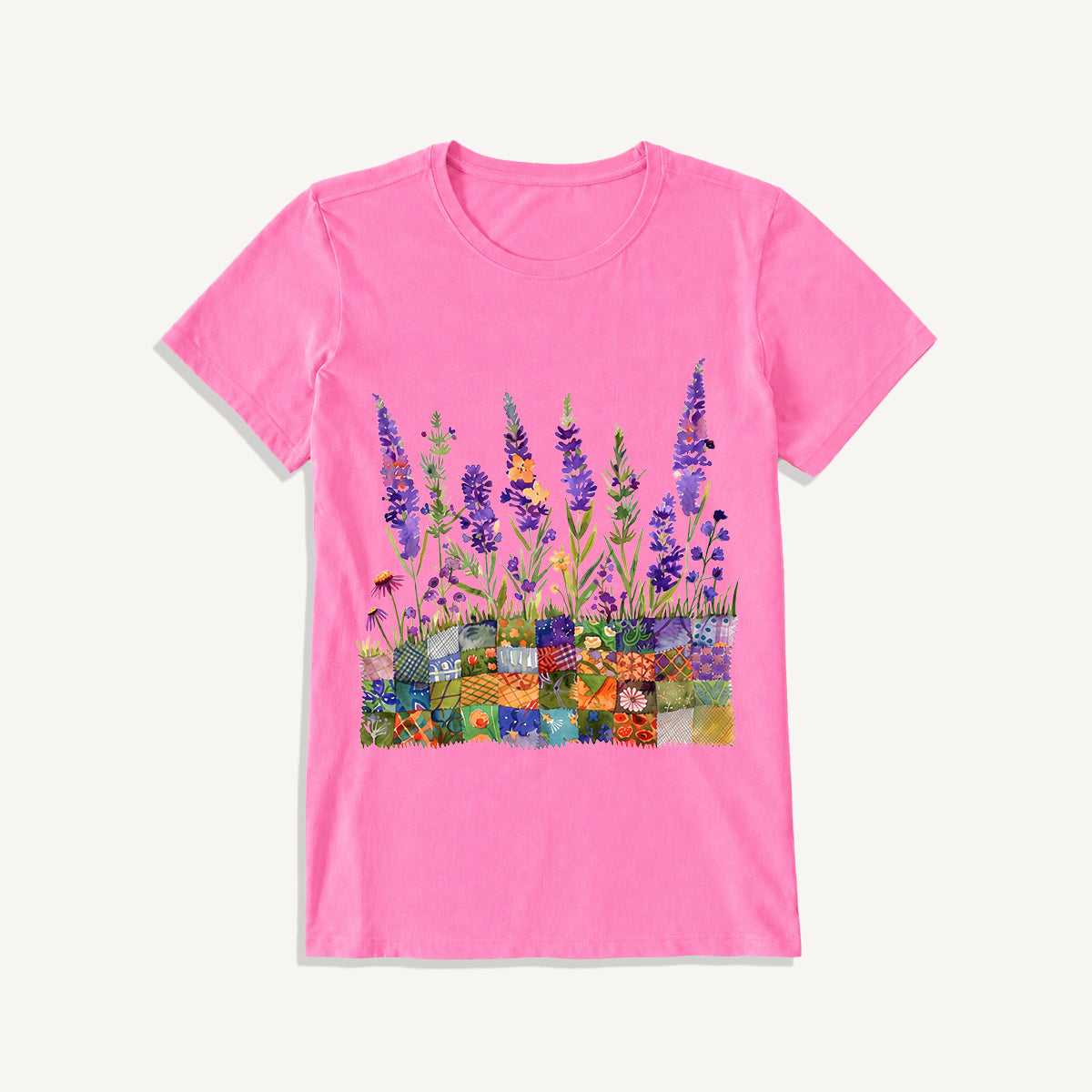 Lavender on Patchwork Meadow Print Crew Neck Cotton Tee