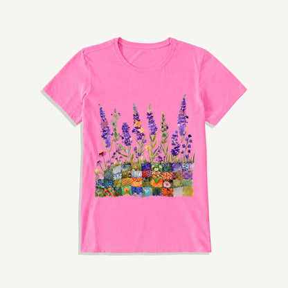 Lavender on Patchwork Meadow Print Crew Neck Cotton Tee
