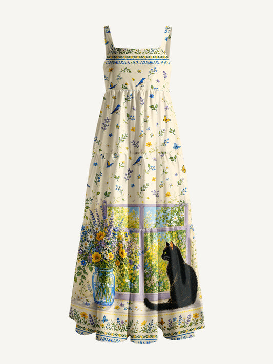 Black Cat Garden Print Wide Straps Maxi Dress With Pockets