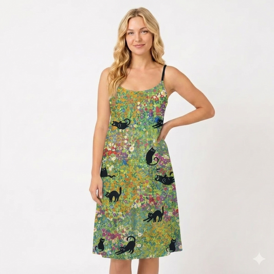 Wildflower Garden Black Cat Spaghetti Strap Mini Dress