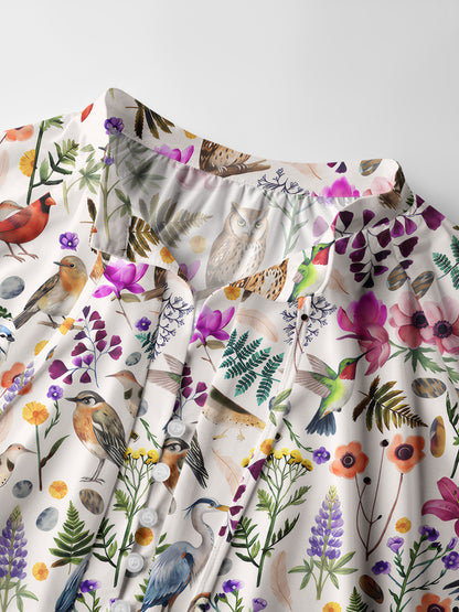 Whimsical Woodland Birds Wildflowers Print Boho Long Sleeve Tie‑Neck Blouse