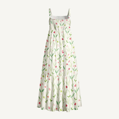 Pastel Tulip Garden Print Wide Straps Maxi Dress With Pockets