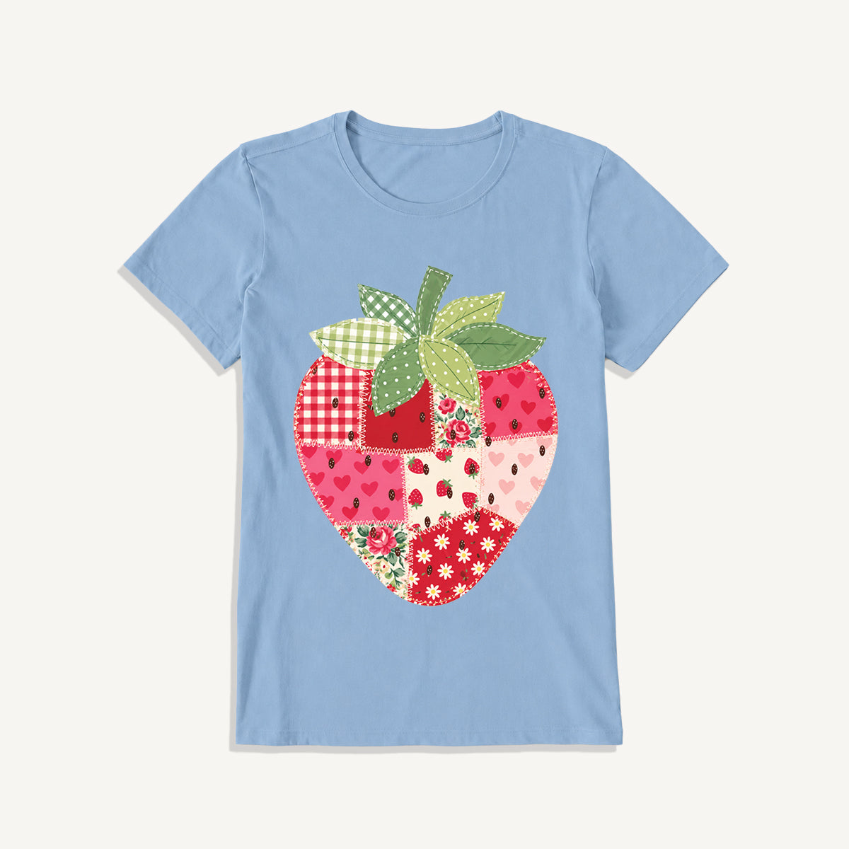 Folk Patchwork Strawberry Print Crew Neck Cotton Tee