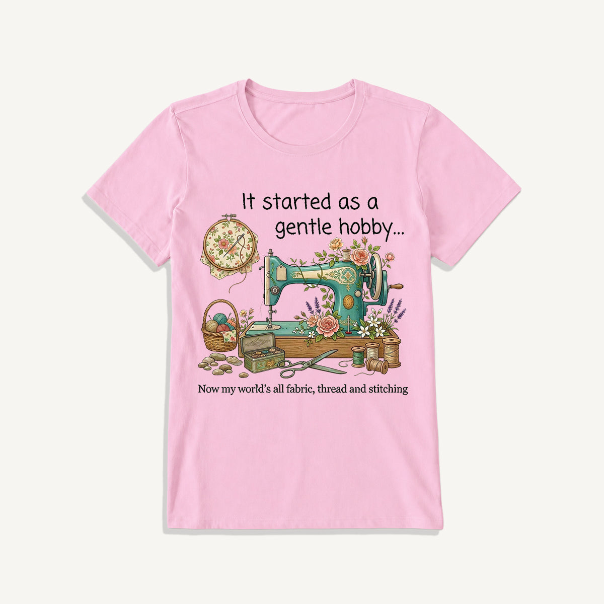 Gentle Hobby Floral Sewing Print Crew Neck Cotton Tee