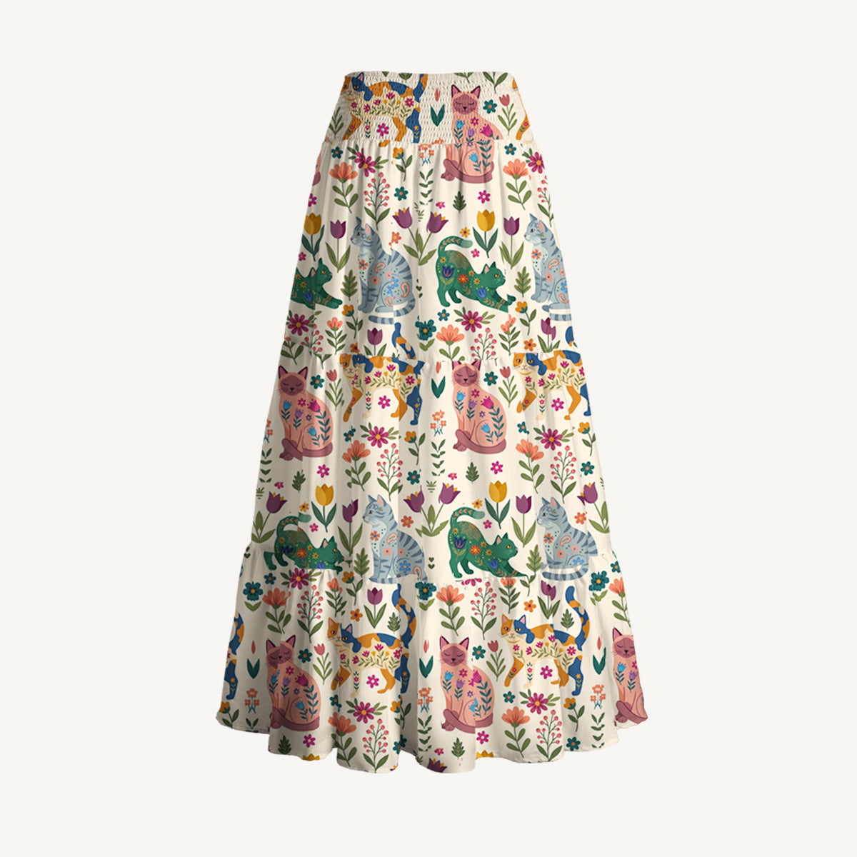 Cute Flower Cat Print Convertible Maxi Skirt & Strapless Dress