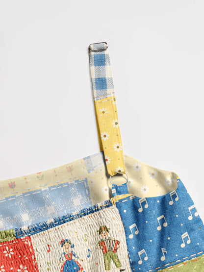 Vintage Folk Patchwork Print Wide Straps Maxi Dress With Pockets