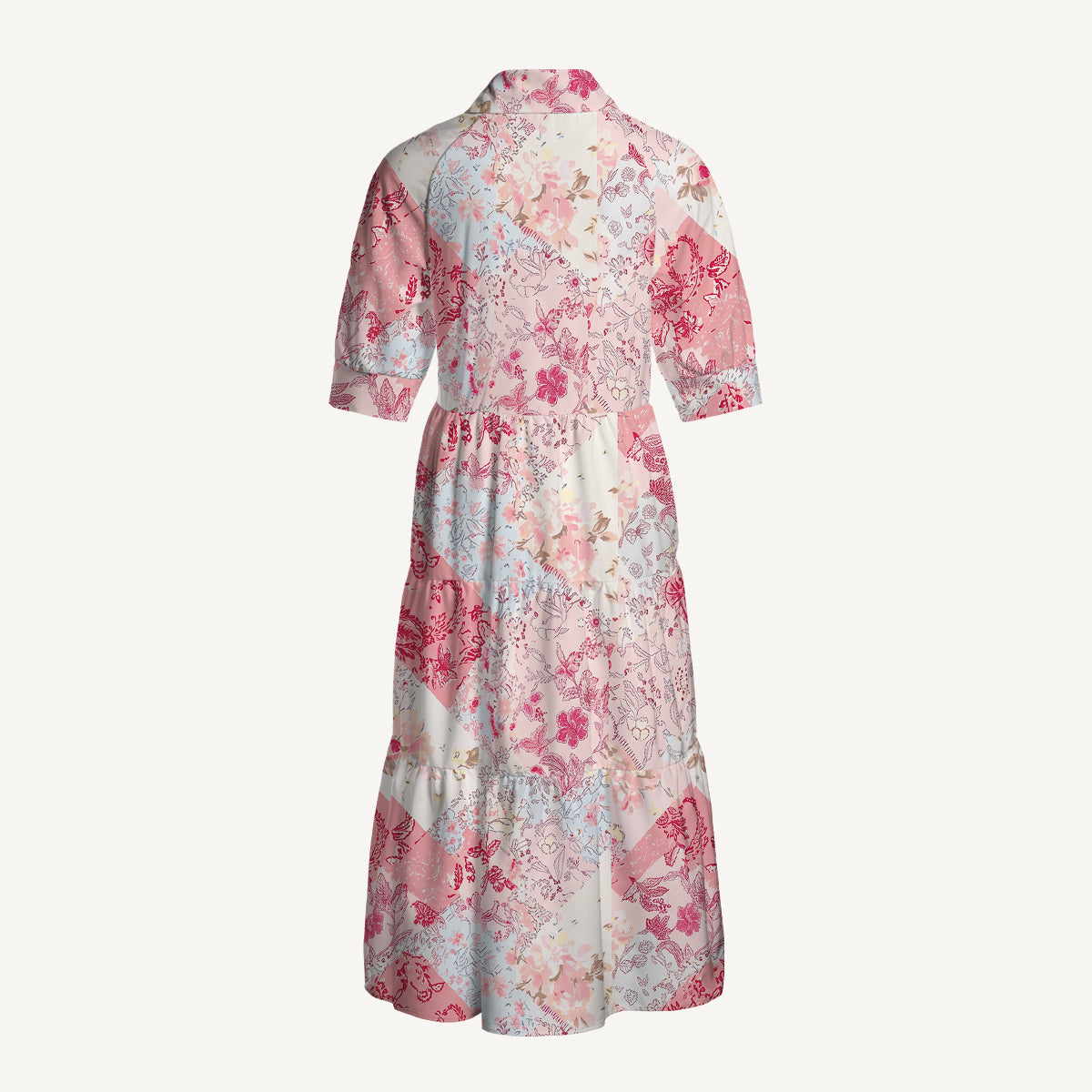 V Neck Collared Shabby Chic Floral Patchwork Print Casual Midi Dress With Pockets