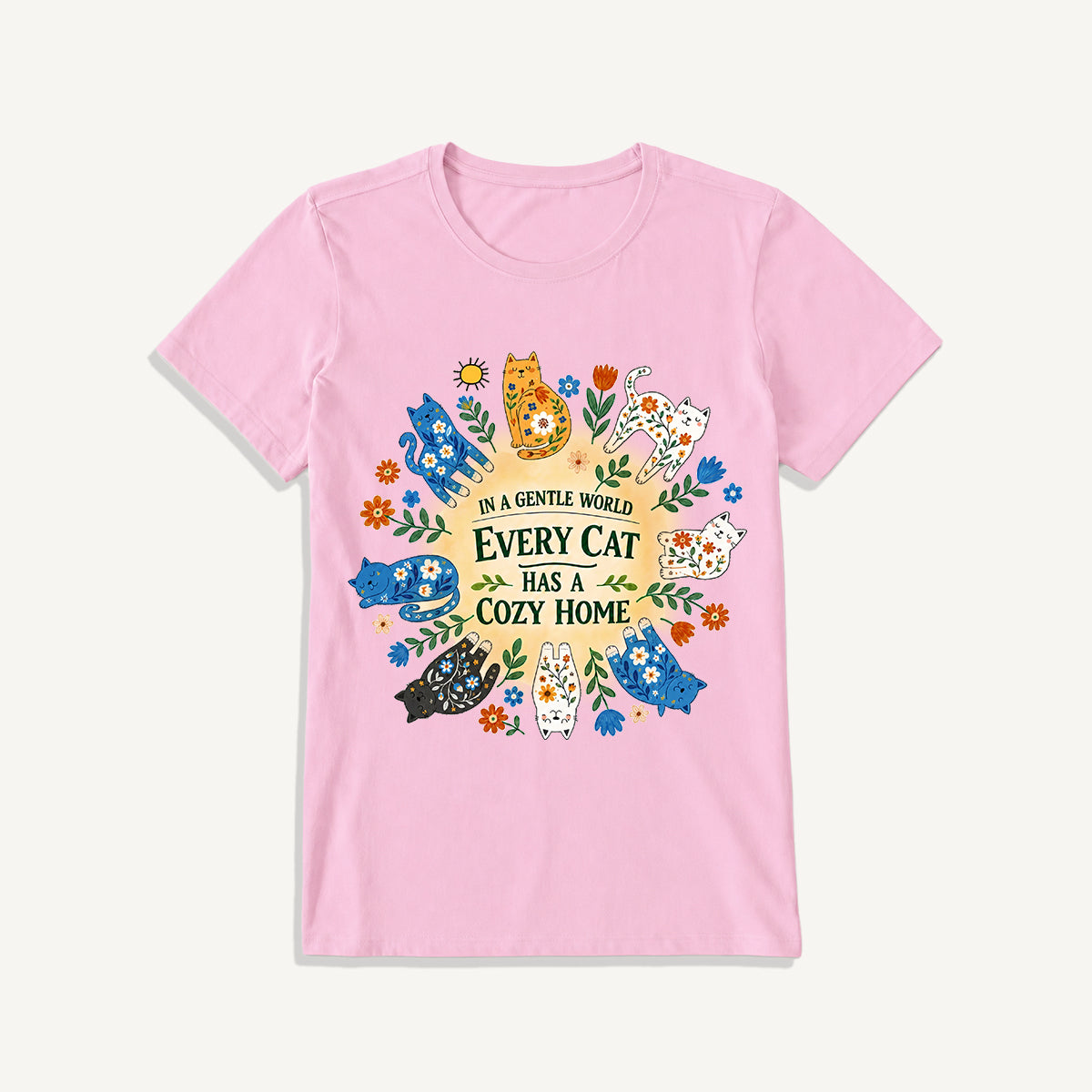 Floral Cats Cozy Home Print Crew Neck Cotton Tee